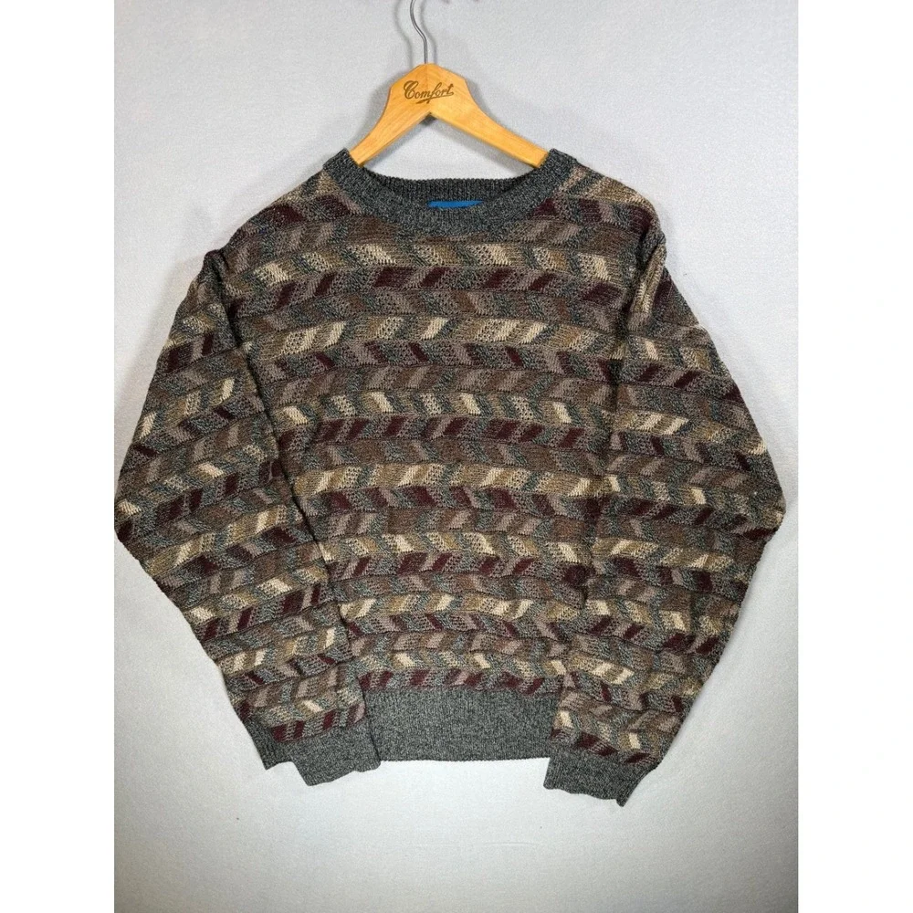 Towncraft Mens Large Crewneck Sweater Geometric Chevron Knit Grey Brown Burgundy